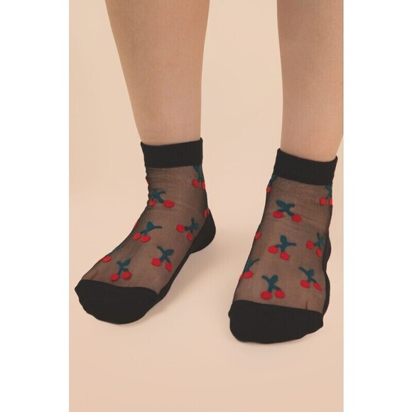 Very J Accessories - SC10033A-1 B Very J Cherry Embroidered Mesh Ankle Socks Black One Size